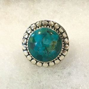 Turquoise Cabochon and Sterling Silver Basket Weave Ring Sz 7 or Sz 8